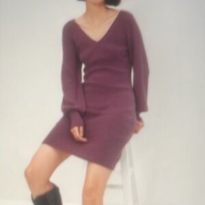 GAP Merino Wool Plum Vneck Puff Sleeve Midi Sweater Dress Women's Size S NWT
